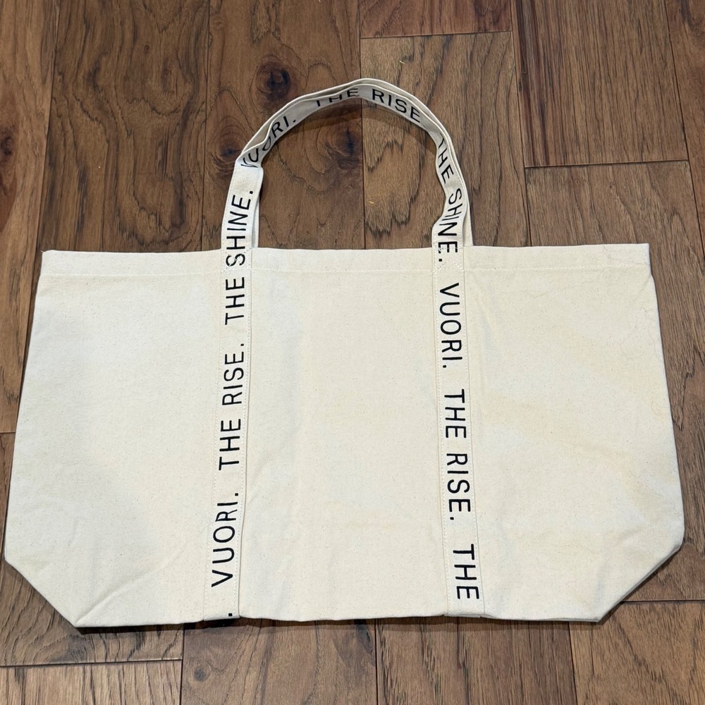 Vuori The Rise The Shine Canvas Tote Bag Cream Black Logo Earthpack Large